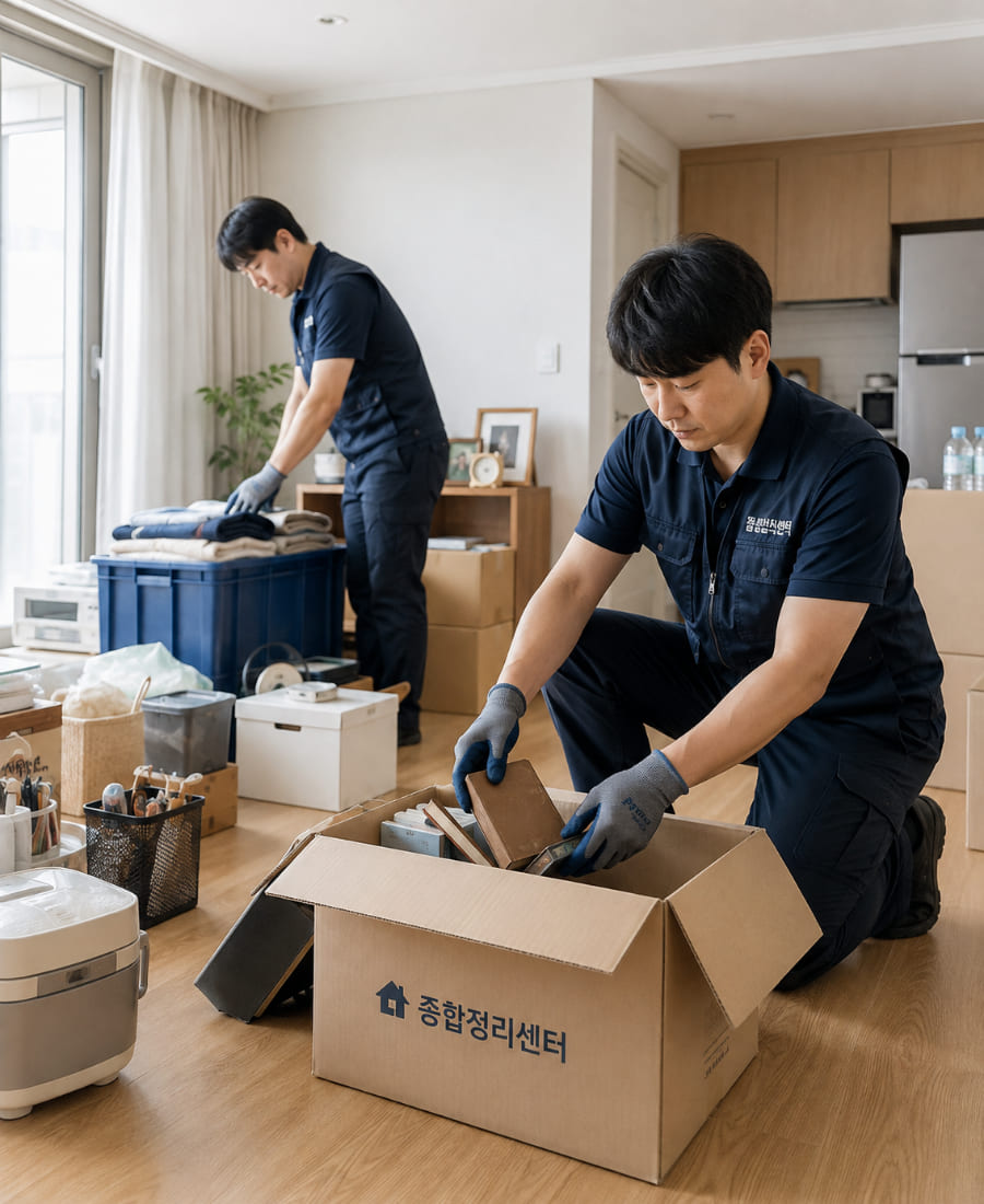 경산유품정리 절차에 따라 생활용품을 분류하는 작업 현장
